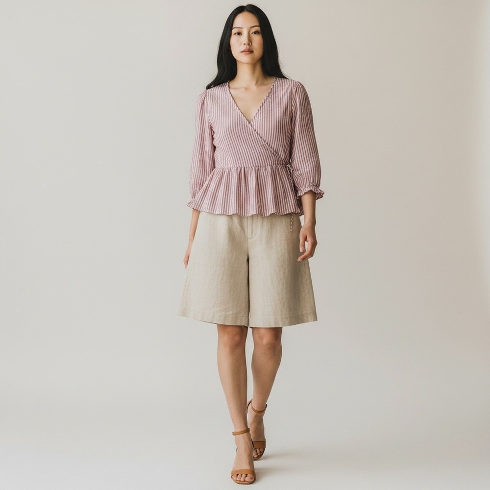 Madewell Wrap Peplum Top Women XL Pink Striped Puff Sleeve New Elegant NWT $78